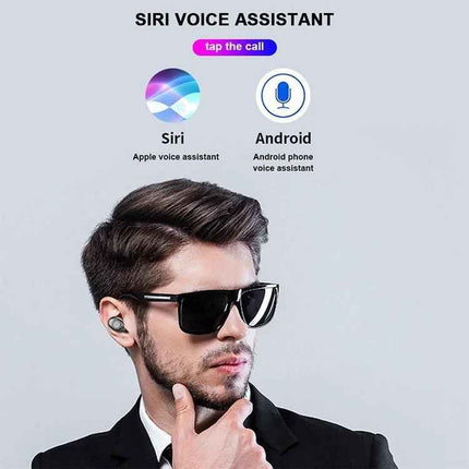 Wireless Earbuds For Commuting And Workouts With Case showing man wearing earbuds with Siri and Android voice assistant icons