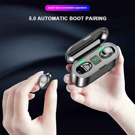 Wireless Earbuds For Commuting And Workouts With Case showing earbuds in charging case with LED battery display