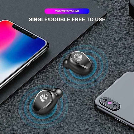 Wireless Earbuds For Commuting And Workouts With Case showing earbuds near phones, LED display case, Bluetooth 5.0 for calls and music
