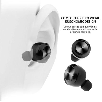 Wireless Bluetooth Earbuds With Magnetic Charging Case For Commuting ergonomic black earbuds shown in ear and charging case portability