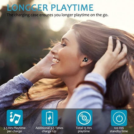 Wireless Bluetooth Earbuds With Magnetic Charging Case For Commuting shown worn by smiling woman enjoying long playtime and portability