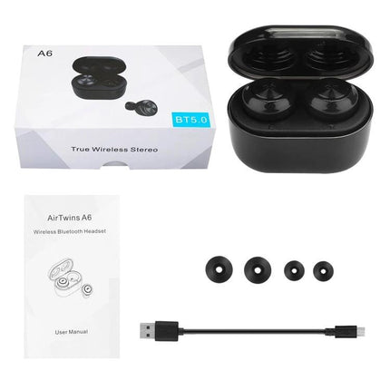Wireless Bluetooth Earbuds With Magnetic Charging Case For Commuting shown with open charging case earbuds cable and ear tips