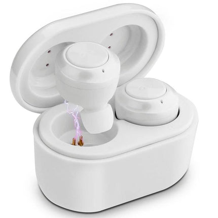 Wireless Bluetooth Earbuds With Magnetic Charging Case For Commuting shown in compact white case with earbuds charging
