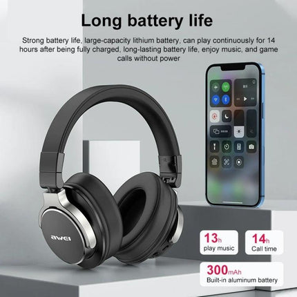 Awei Foldable Bluetooth Headset For Commuting And Remote Work showing ANC headphones next to smartphone highlighting long battery life
