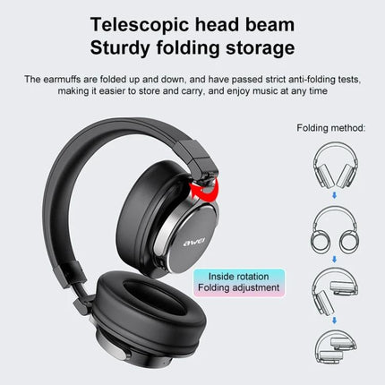 Awei Foldable Bluetooth Headset For Commuting And Remote Work showing foldable ANC headphones compact