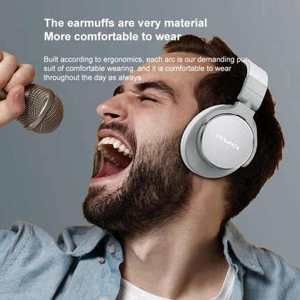 Awei Foldable Bluetooth Headset For Commuting And Remote Work wearing comfortable foldable ANC headphones singing into a mic