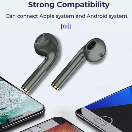 True Wireless Earbuds With Charging Case For Commuting And Calls green J18 Bluetooth 5.0 TWS earbuds shown with phones