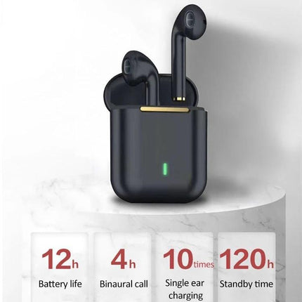 True Wireless Earbuds With Charging Case For Commuting And Calls compact J18 earbuds in black with charging case and LED indicator