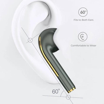 True Wireless Earbuds With Charging Case For Commuting And Calls ergonomic green rose gold black earbud shown fitting ear at 60° angle