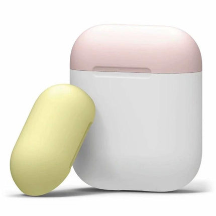 Daily Protective Case for Apple AirPods on the Go in soft pink and white with yellow accessory, slim pocket-friendly dust protection and easy charging access