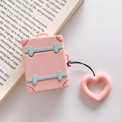 Protective Silicone Case for Daily AirPods Carry in Bright Colors - pink suitcase design with heart keychain, dustproof antifouling silicone