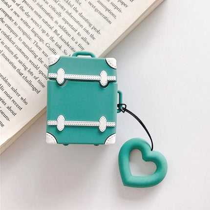 Protective Silicone Case for Daily AirPods Carry in Bright Colors — Turquoise suitcase-style AirPods case with heart charm
