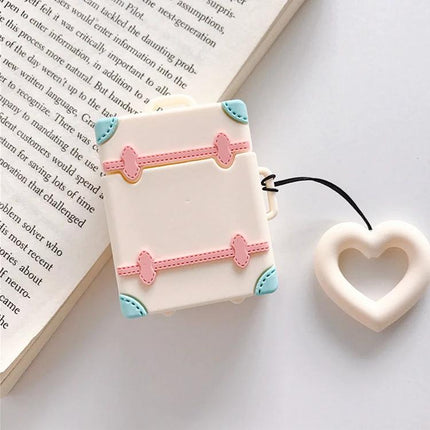 Protective Silicone Case for Daily AirPods Carry in Bright Colors - pastel suitcase design with heart keyring dustproof antifouling protection