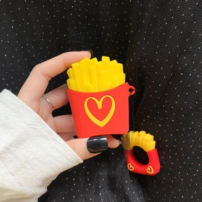 Silicone Protective Case for Apple AirPods in Daily Routines - red fries-shaped silicone case with heart detail, dustproof everyday carry