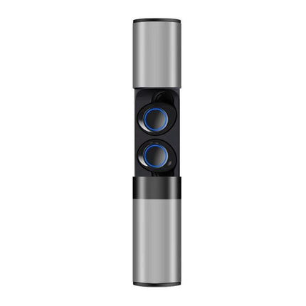 Drawer Style Ear In Wireless Earbuds With Slide Case showing slim silver slide charging case and compact blue-ring earbuds