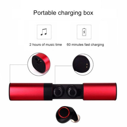 Drawer Style Ear In Wireless Earbuds With Slide Case showing red slide charging case, earbuds inside, and charging details