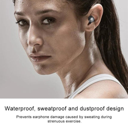 Drawer Style Ear In Wireless Earbuds With Slide Case worn by sweaty athlete, waterproof sweatproof dustproof design, pocketable slide case
