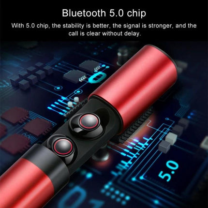 Drawer Style Ear In Wireless Earbuds With Slide Case in red slide case showing compact earbuds and Bluetooth 5.0 chip features