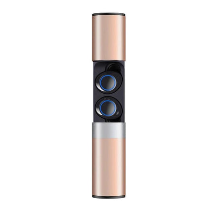 Drawer Style Ear In Wireless Earbuds With Slide Case shown open with compact rose gold slide charging case and blue LED buds