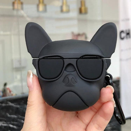 Fun Bulldog-Shaped Silicone Case for AirPods Daily Protection - Matte black bulldog design with sunglasses, clip-on portable AirPods cover
