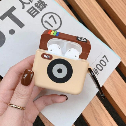 Fun Bulldog-Shaped Silicone Case for AirPods Daily Protection showing beige cartoon camera-style case with AirPods inside