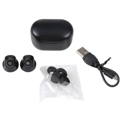 True Wireless Earbuds Black For Daily Listening And Hands Free Calls compact black earbuds, charging case, USB cable, extra tips