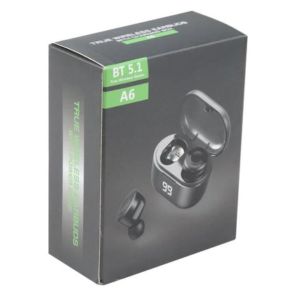 True Wireless Earbuds Black For Daily Listening And Hands Free Calls compact A6 earbuds with charging case and display