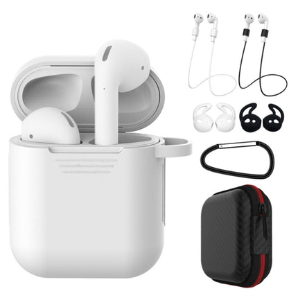Essential Silicone Case for Apple AirPods During Daily Activities - White silicone protective case with earbuds, straps, ear hooks and carrying pouch