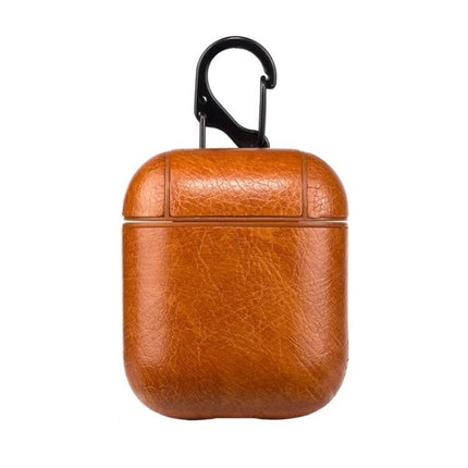 A Practical Silicone Case for Apple AirPods in Daily Use shown in brown leather-look with carabiner for dustproof everyday protection