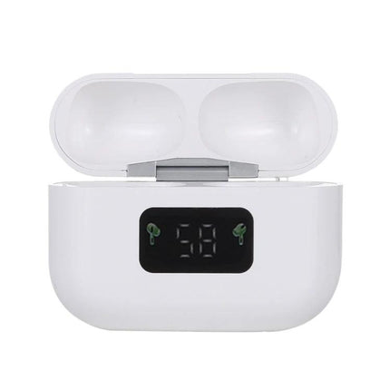 Wireless Earbuds For Commuting With Magnetic Charging Case showing white magnetic case open with digital battery display 100%