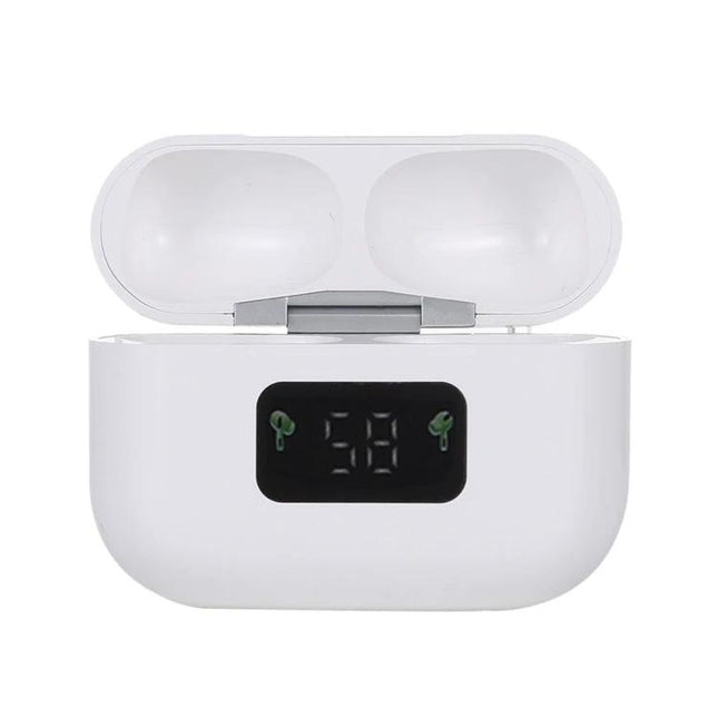 Wireless Earbuds For Commuting With Magnetic Charging Case showing white magnetic case open with digital battery display 100%