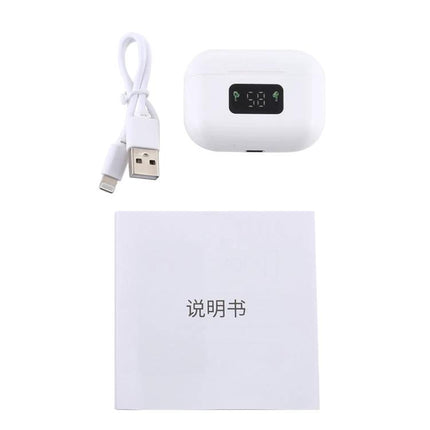 Wireless Earbuds For Commuting With Magnetic Charging Case showing white TWS case with digital display, cable and manual