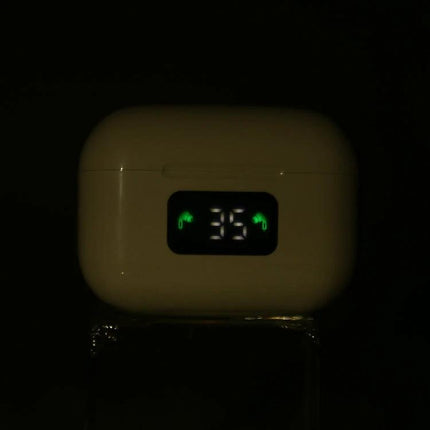 Wireless Earbuds For Commuting With Magnetic Charging Case showing digital battery display and earbuds icons for commuting