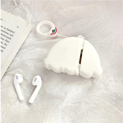 Silicone Case for Apple AirPods During Everyday Activities white cloud-shaped silicone case beside AirPods on fabric