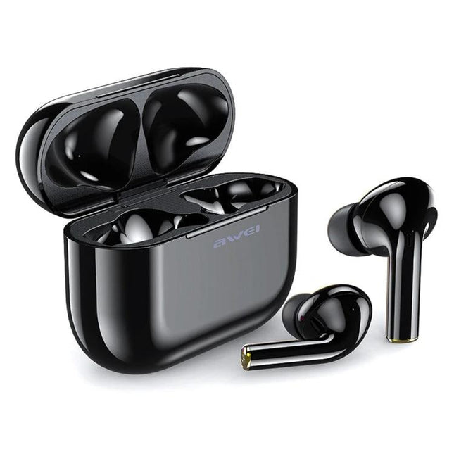 Awei True Wireless Sports Earbuds With Charging Case For Daily Use sleek black earbuds and compact 500mAh case