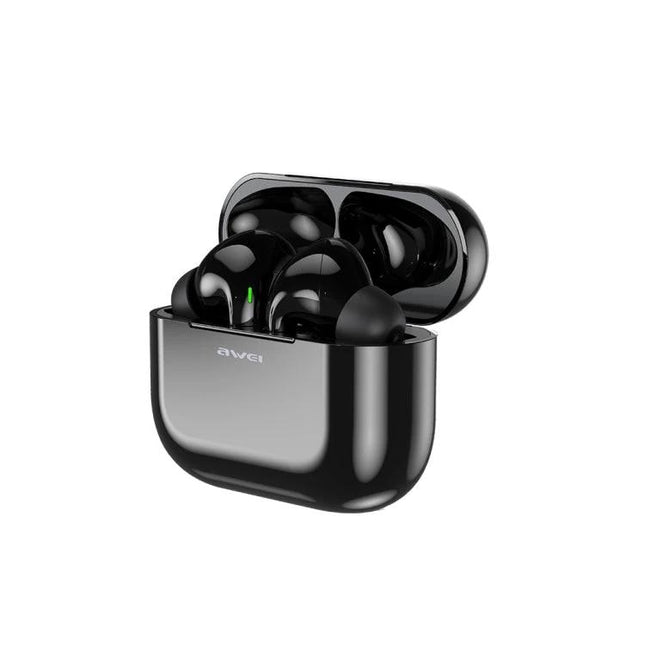 Awei True Wireless Sports Earbuds With Charging Case For Daily Use sleek black earbuds in open compact 500mAh case