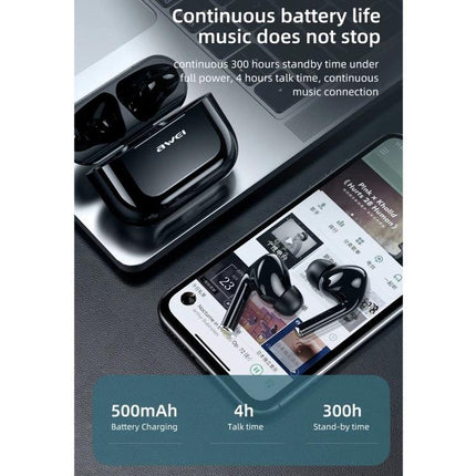 Awei True Wireless Sports Earbuds With Charging Case For Daily Use showing earbuds, case, phone, and battery specs