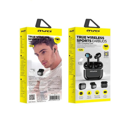 Awei True Wireless Sports Earbuds With Charging Case For Daily Use in black with 500mAh case shown on retail packaging
