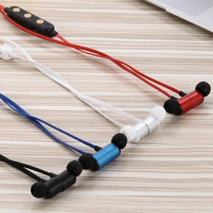 Wireless Sports Neckband Headphones With Magnetic Earbuds showing red white blue black magnetic Bluetooth neckband design