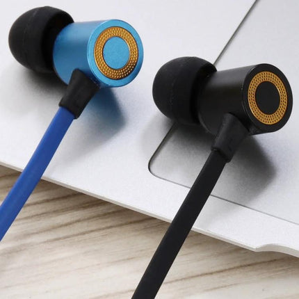 Wireless Sports Neckband Headphones With Magnetic Earbuds blue and black magnetic in-ear buds with flat cable on laptop