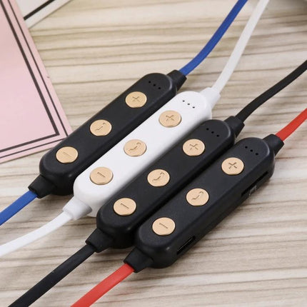 Wireless Sports Neckband Headphones With Magnetic Earbuds showing inline control modules and colorful flat cables for active use
