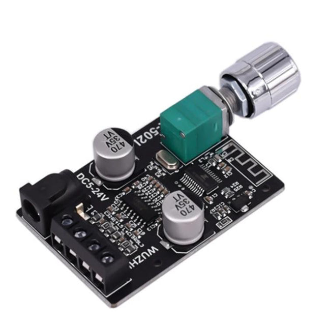 Bluetooth Stereo Amplifier Board for DIY Audio Projects compact board with volume knob, Bluetooth antenna trace and terminal connectors