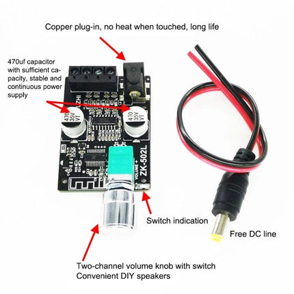Bluetooth Stereo Amplifier Board for DIY Speakers with Enclosure compact Bluetooth 5.0 amp board with volume knob, DC cable and terminal block