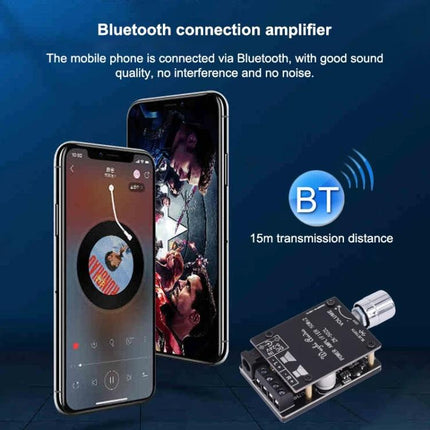 Bluetooth Stereo Amplifier Board for DIY Speakers with Enclosure showing smartphone streaming via Bluetooth 5.0 and compact amplifier board with knob