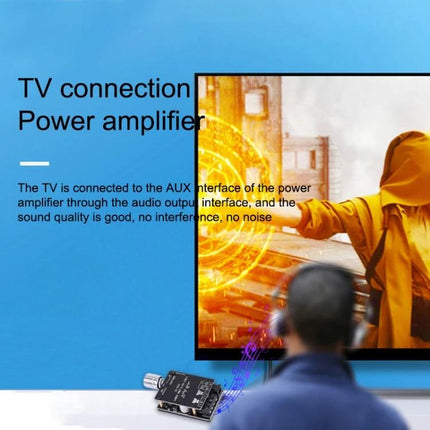 Bluetooth Stereo Amplifier Board for DIY Speakers with Enclosure shown connected to TV with AUX and adjustable volume controls