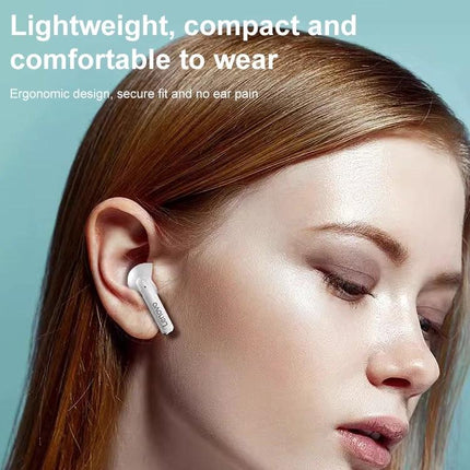 Lenovo True Wireless Earbuds For Commuting And Calls slim ergonomic white buds shown in-ear on woman for commuting