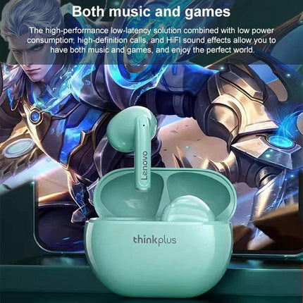 Lenovo True Wireless Earbuds For Commuting And Calls mint green XT93 TWS earbuds in open case with gaming background