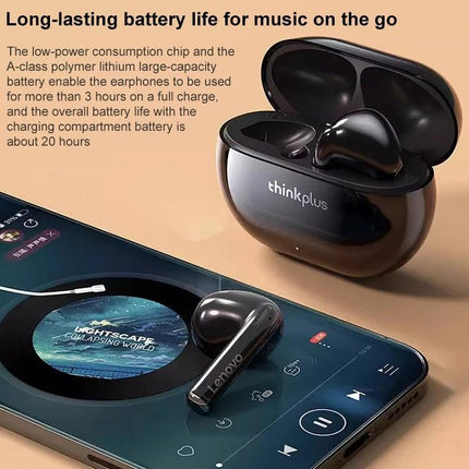 Lenovo True Wireless Earbuds For Commuting And Calls shown with charging case and phone playing music, low-latency Bluetooth audio