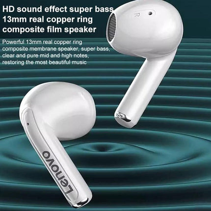 Lenovo True Wireless Earbuds For Commuting And Calls showing white XT93 earbuds emphasizing bass and calls