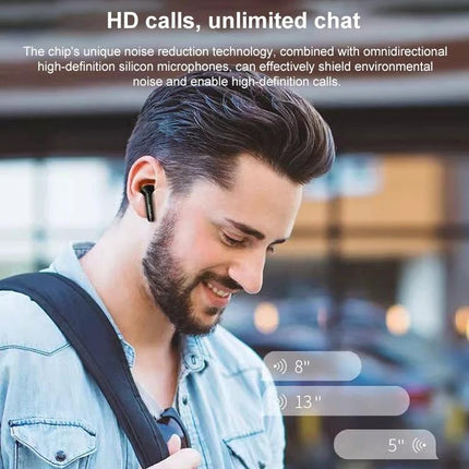 Lenovo True Wireless Earbuds For Commuting And Calls shown worn by smiling commuter using hands-free Bluetooth earphones during travel